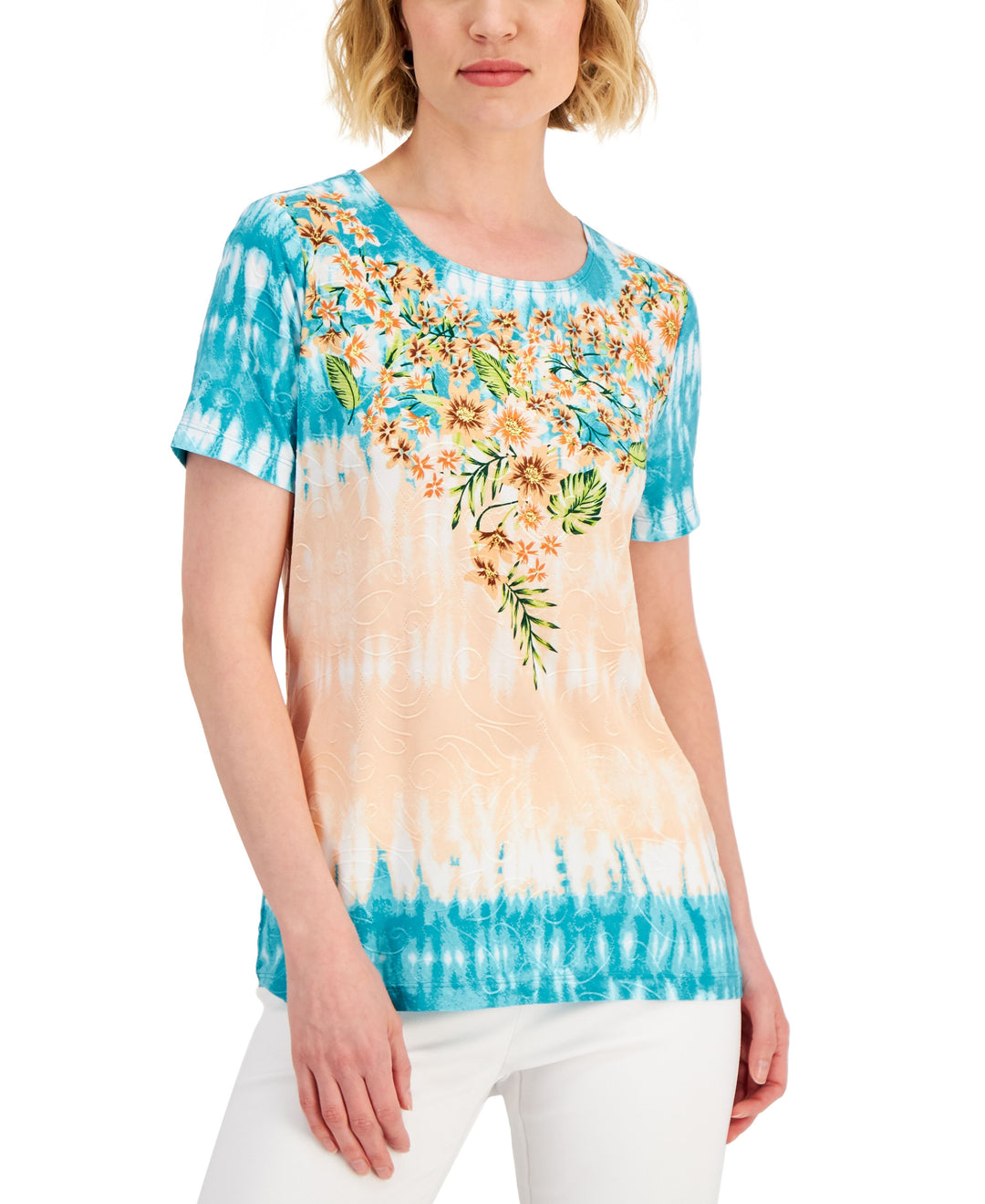 JM Collection Womens Floral Borders Jacquard Short Sleeve Top