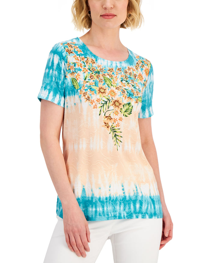 JM Collection Womens Floral Borders Jacquard Short Sleeve Top