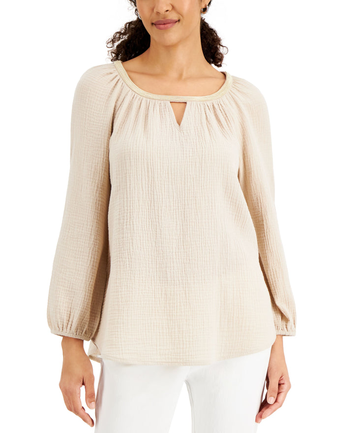 JM Collection Petite Beaded Keyhole Top