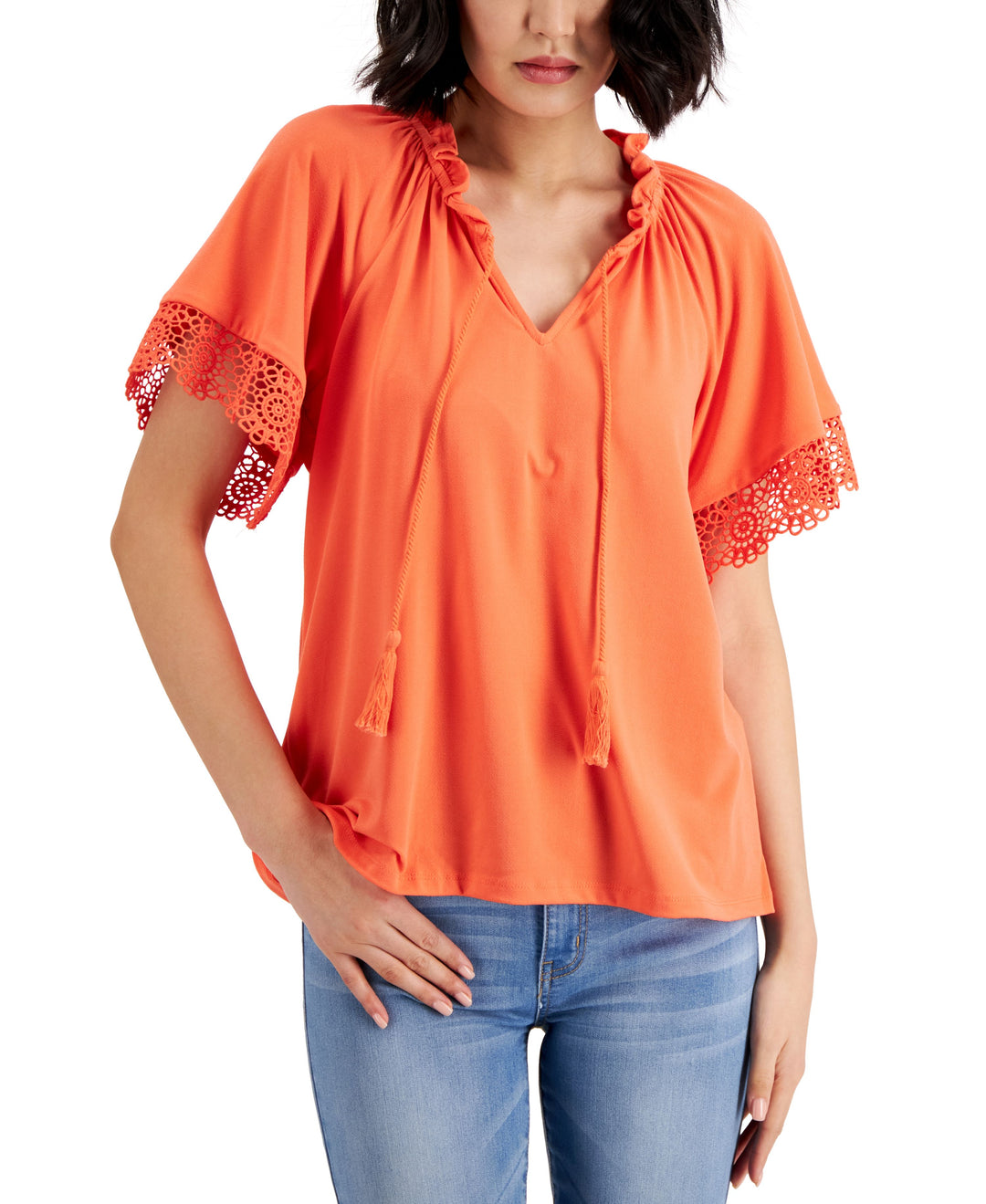 Charter Club Womens Tie Neck Eyelet Trim Top