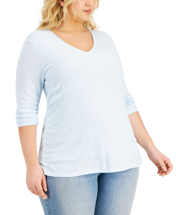 INC International Concepts Plus Size Ribbed V Neck Top