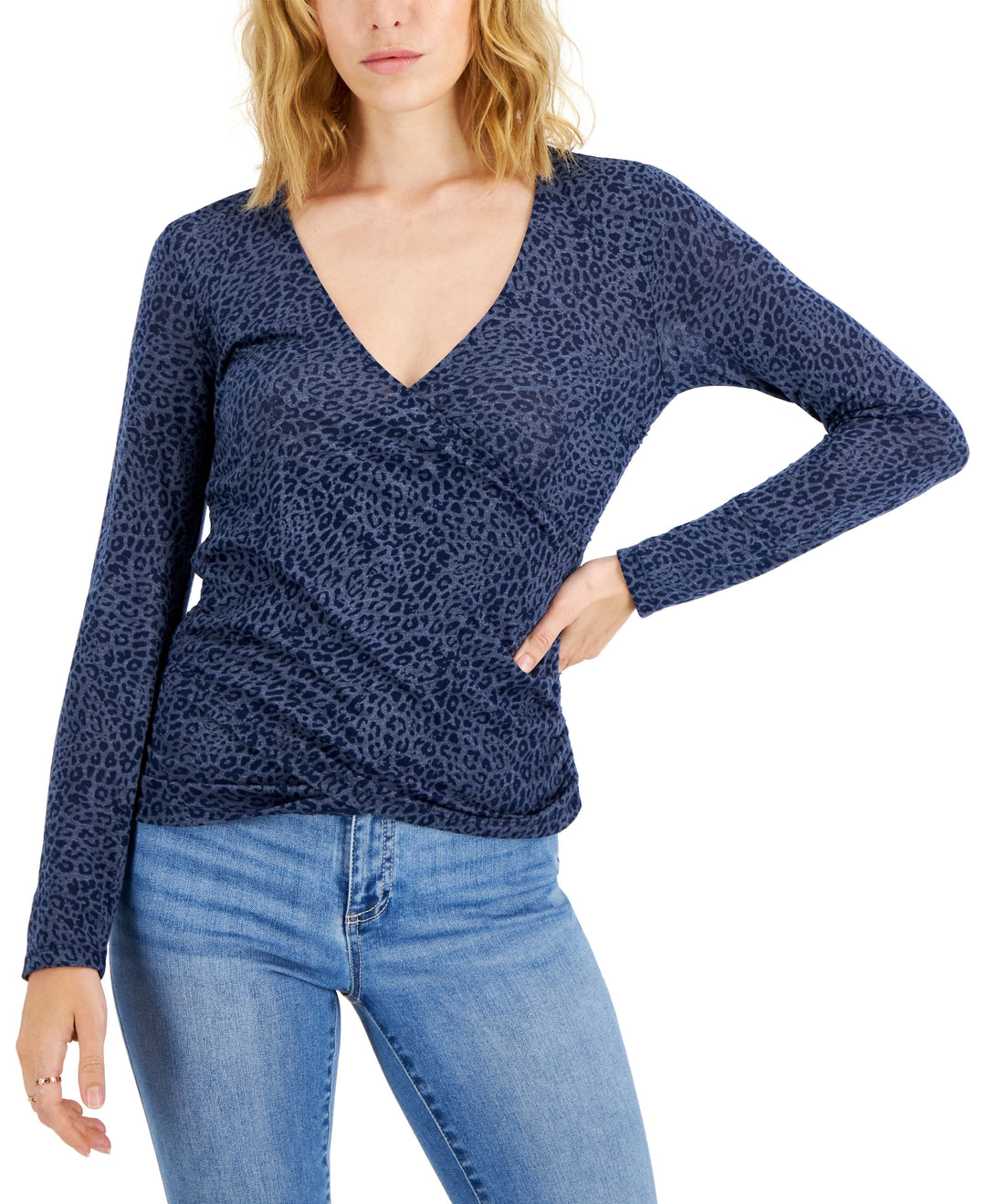 INC International Concepts Womens Leopard Print Long Sleeve Surplice Top