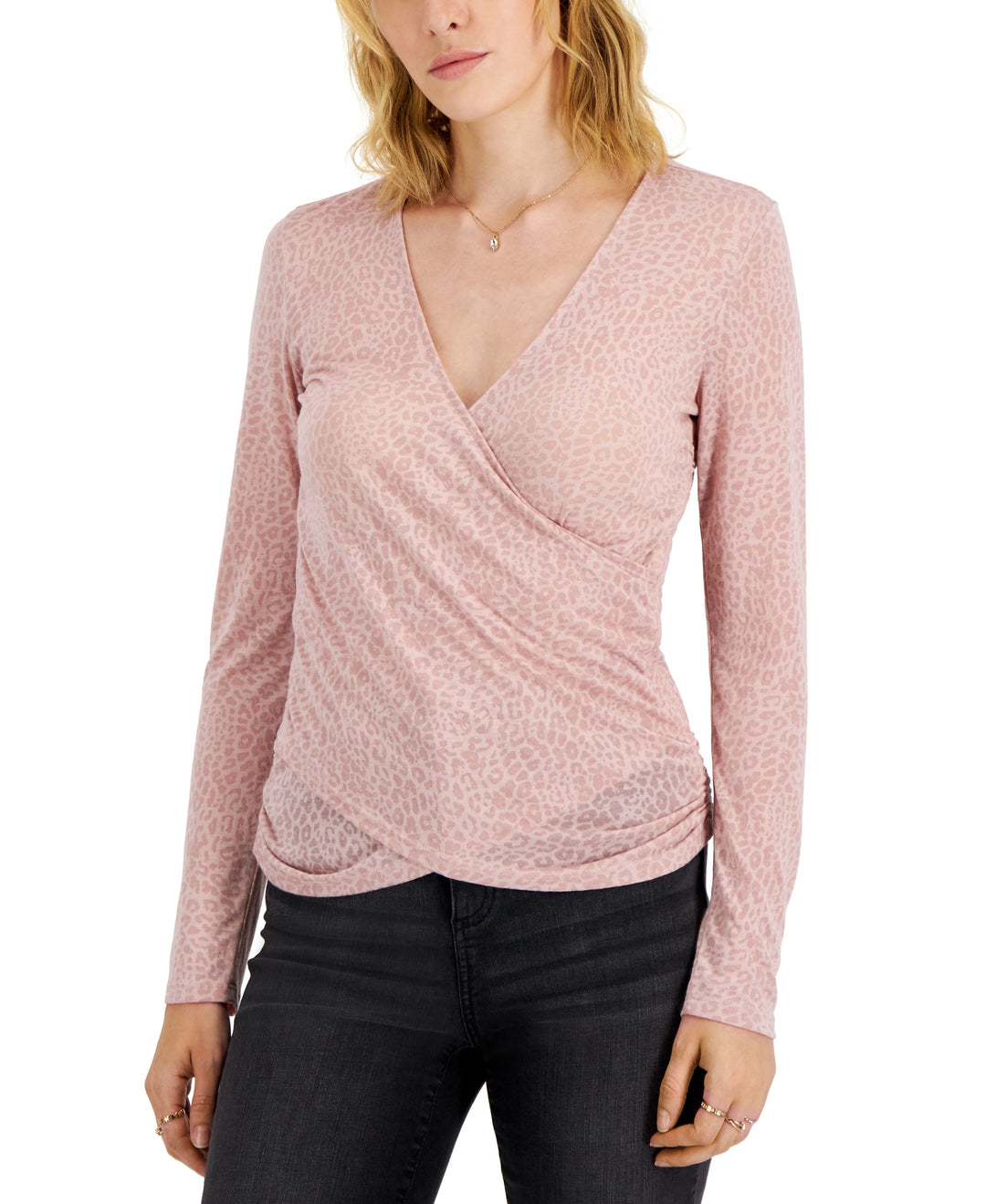 INC International Concepts Womens Leopard Print Long Sleeve Surplice Top