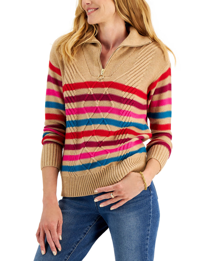Charter Club Womens Zippered Striped Sweater