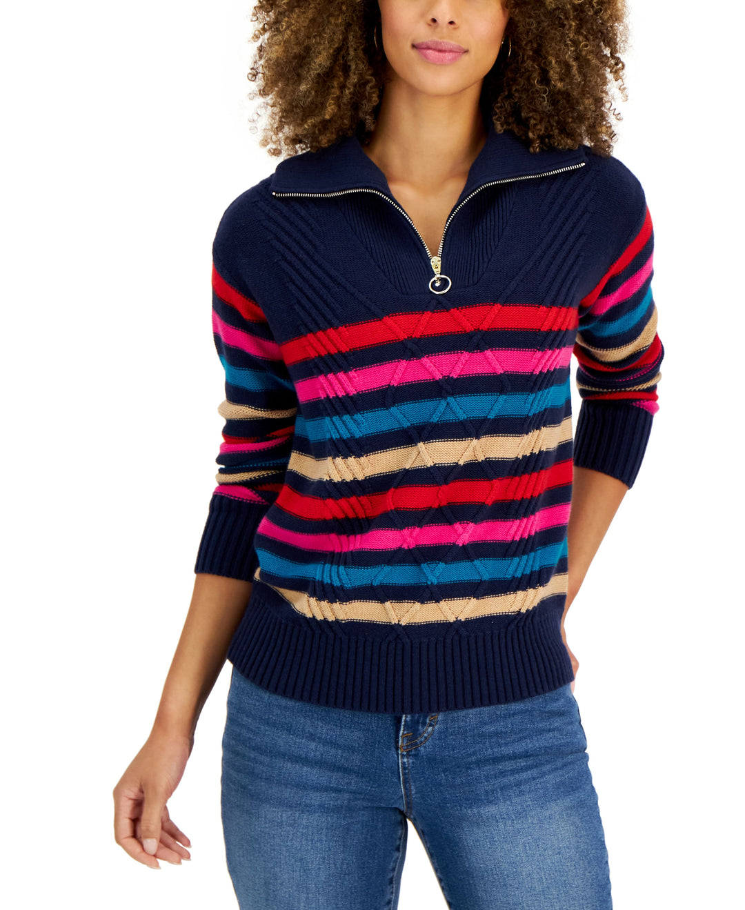 Charter Club Womens Zippered Striped Sweater