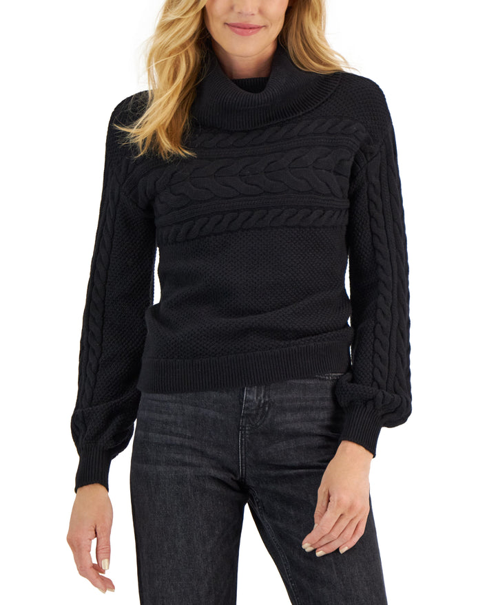 Mixed-Knit Cowlneck Sweater