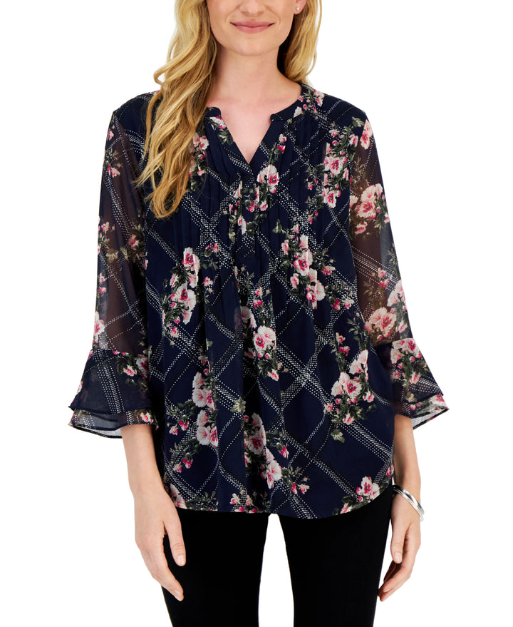 Charter Club Petite Ruffle Sleeve Etching Garden Pintuck Top
