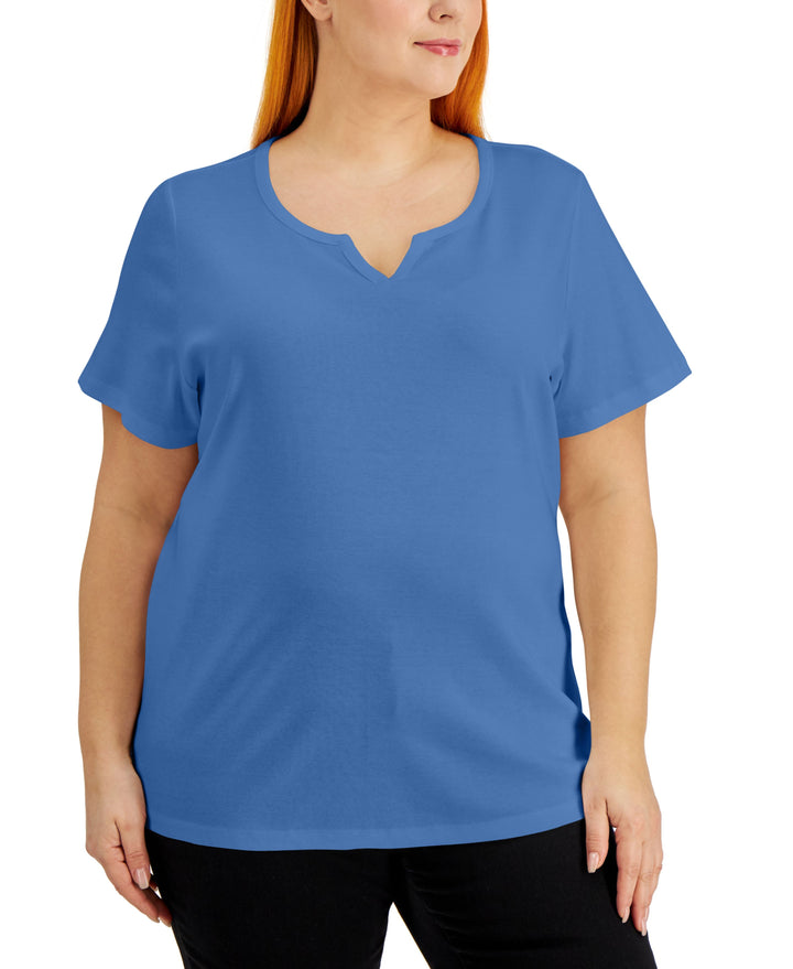 Karen Scott Plus Size Cotton Split Neck Top