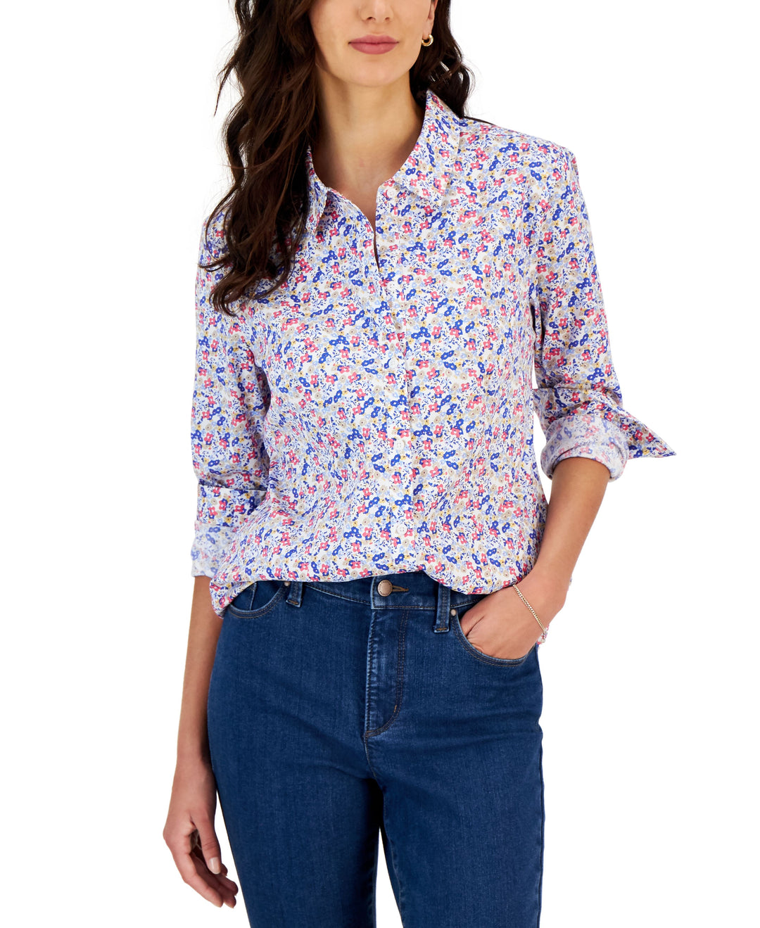 Charter Club Womens Printed Button Front Shirt