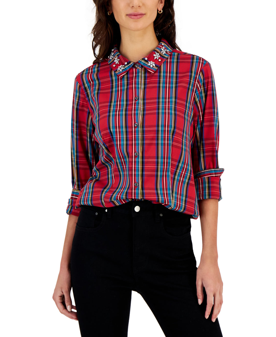 Charter Club Petite Embellished Collar Button Up Shirt