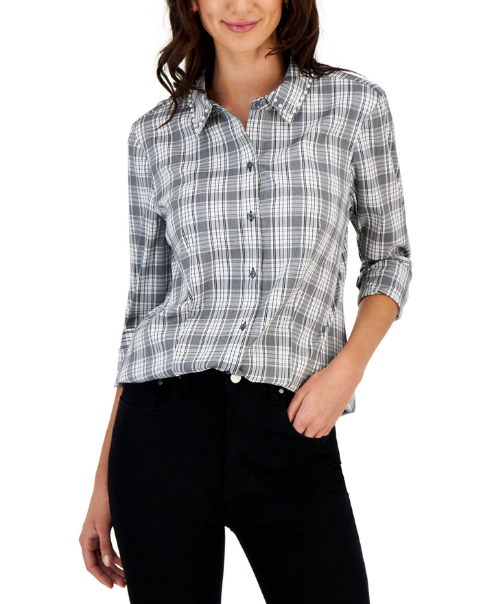 Charter Club Petite Embellished Collar Button Up Shirt