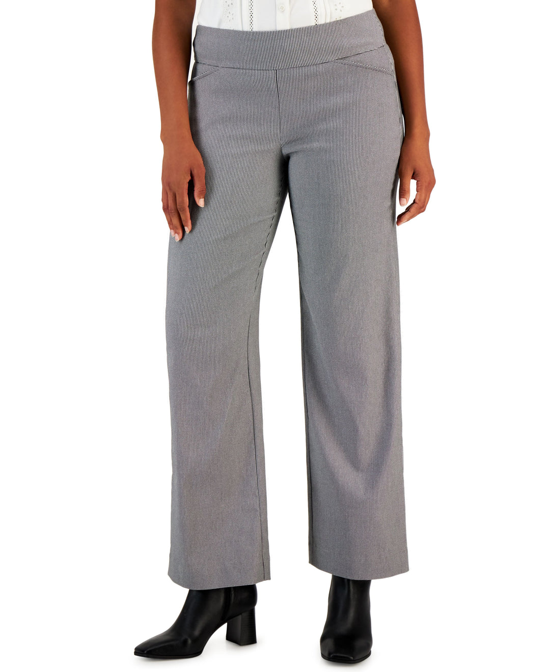 Charter Club Petite Houndstooth Print Pull On Wide Leg Pants