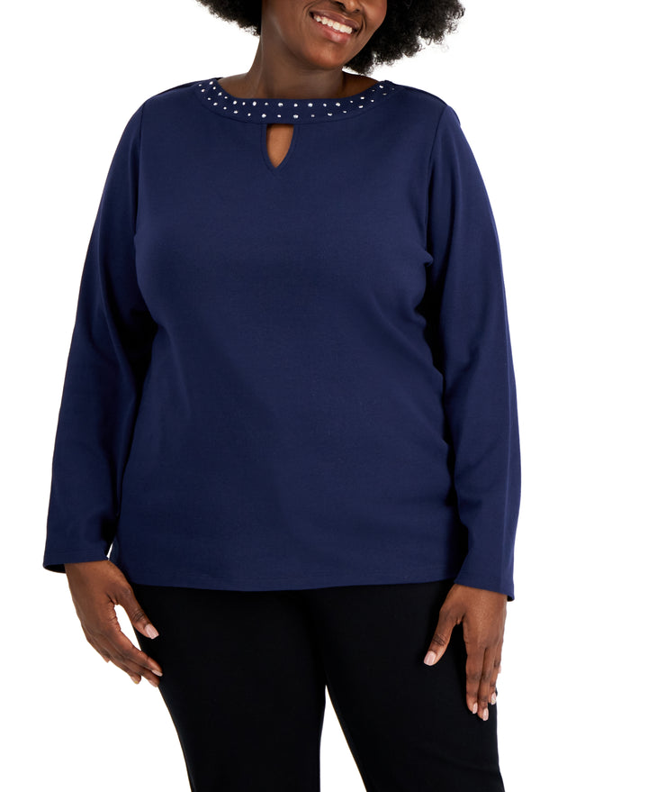 Plus Size Cotton Rhinestone-Embellished Keyhole-Cutout Top