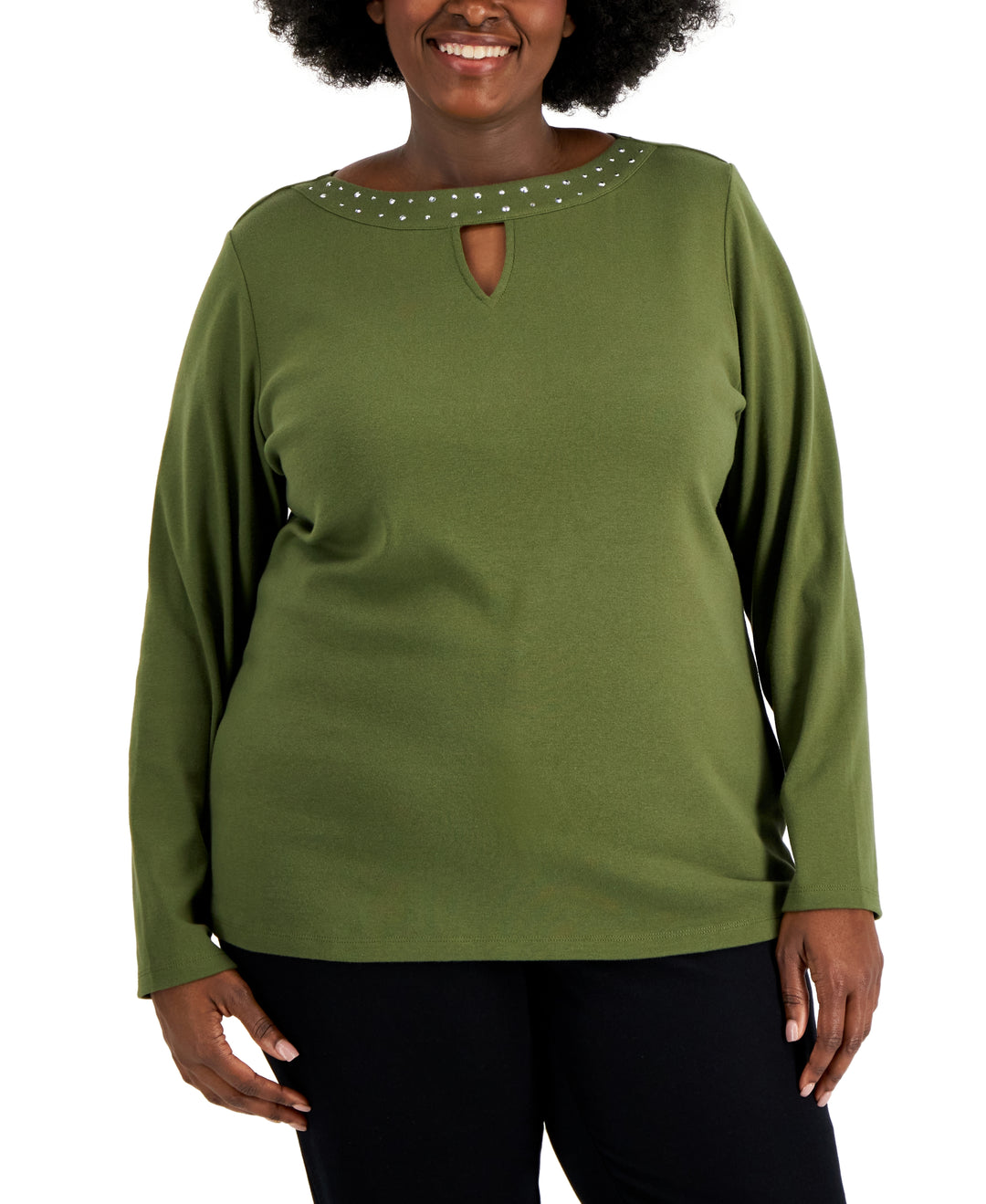 Plus Size Cotton Rhinestone-Embellished Keyhole-Cutout Top