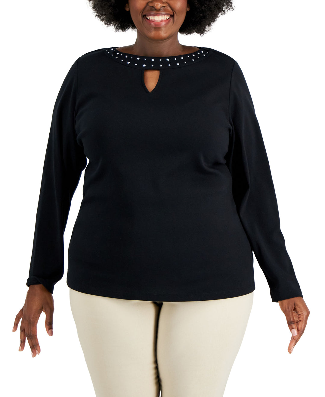 Plus Size Cotton Rhinestone-Embellished Keyhole-Cutout Top