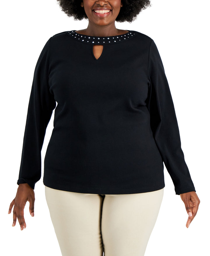 Plus Size Cotton Rhinestone-Embellished Keyhole-Cutout Top