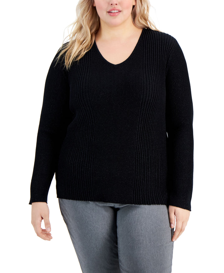 Alfani Plus Size Ribbed Shine V Neck Sweater