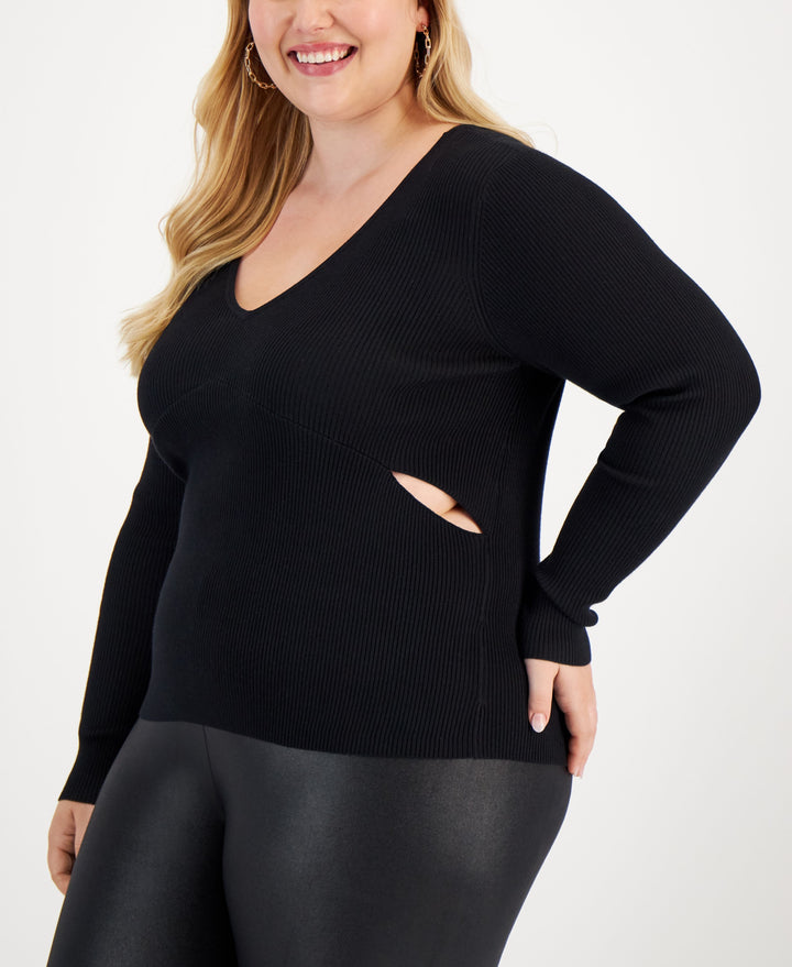 Bar III Trendy Plus Size V Neck Cutout Sweater