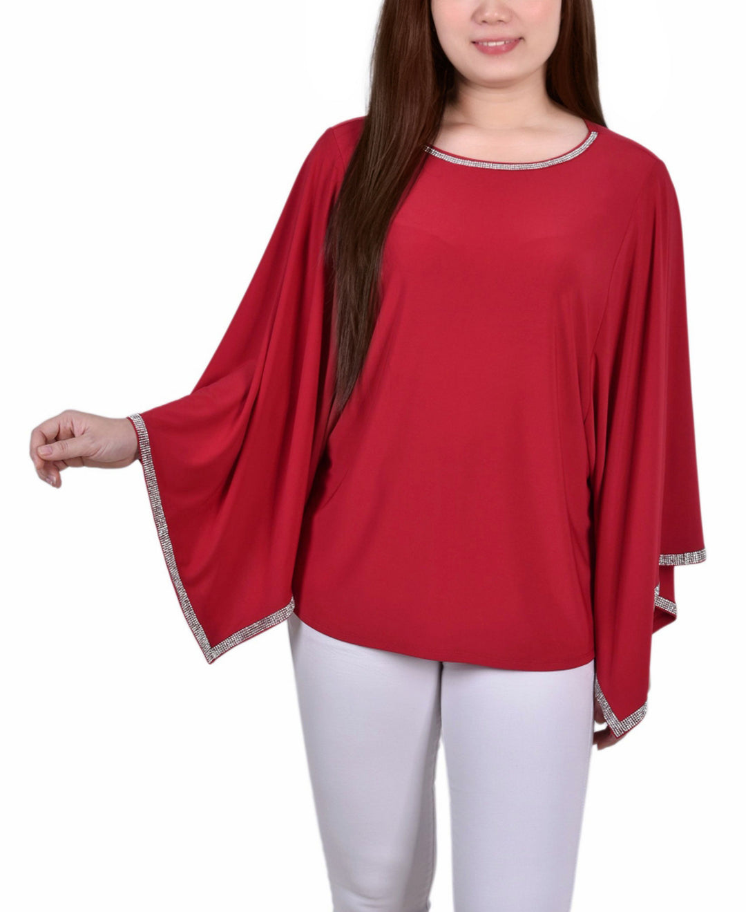 Petite Size Long Batwing Top with Glitz Tape at Neckline and Sleeves