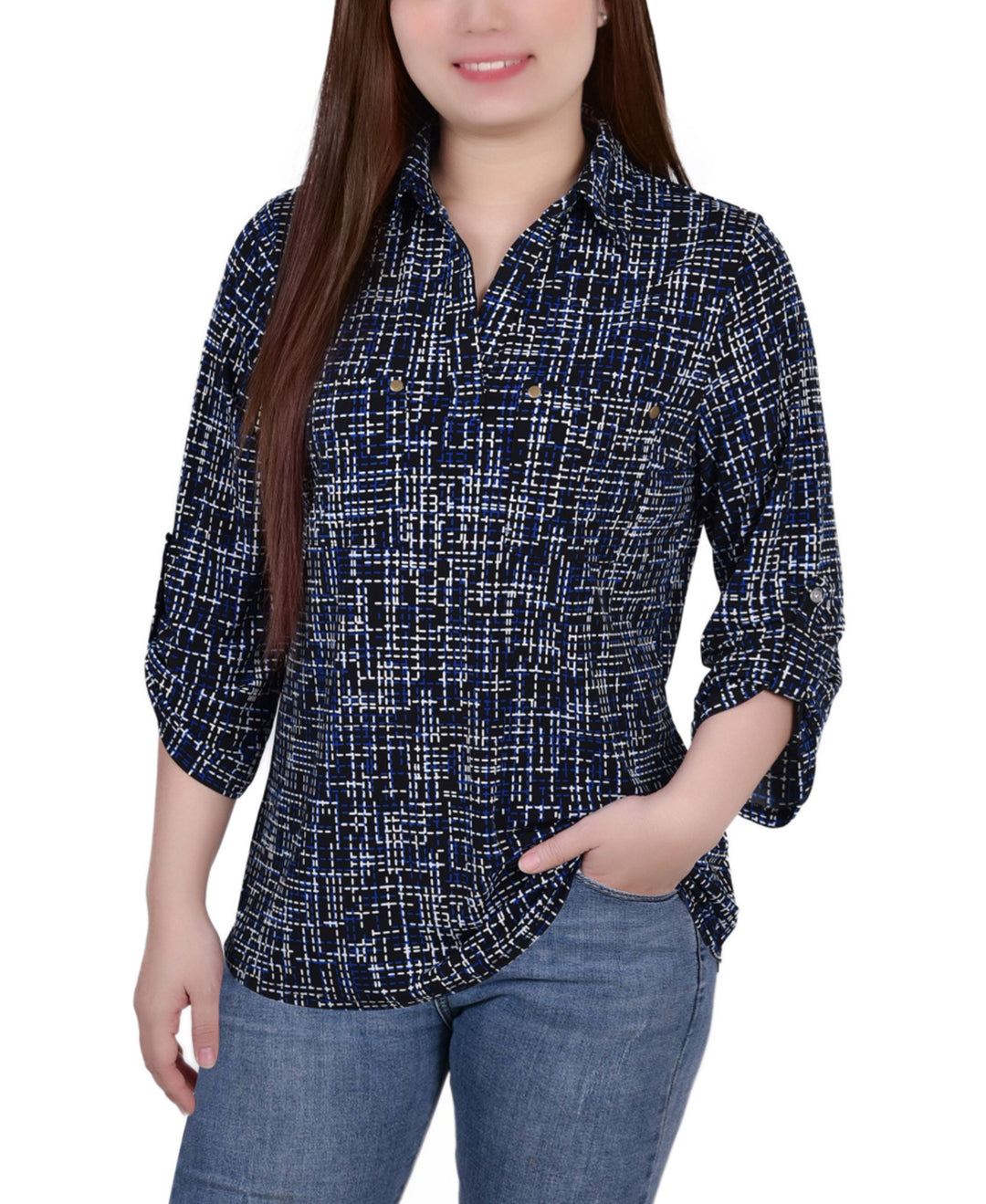 Women's 3/4 Ruched Sleeve Studded Y-neck Top