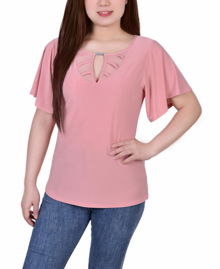 Petite Mesh Flutter Sleeve Knit Top
