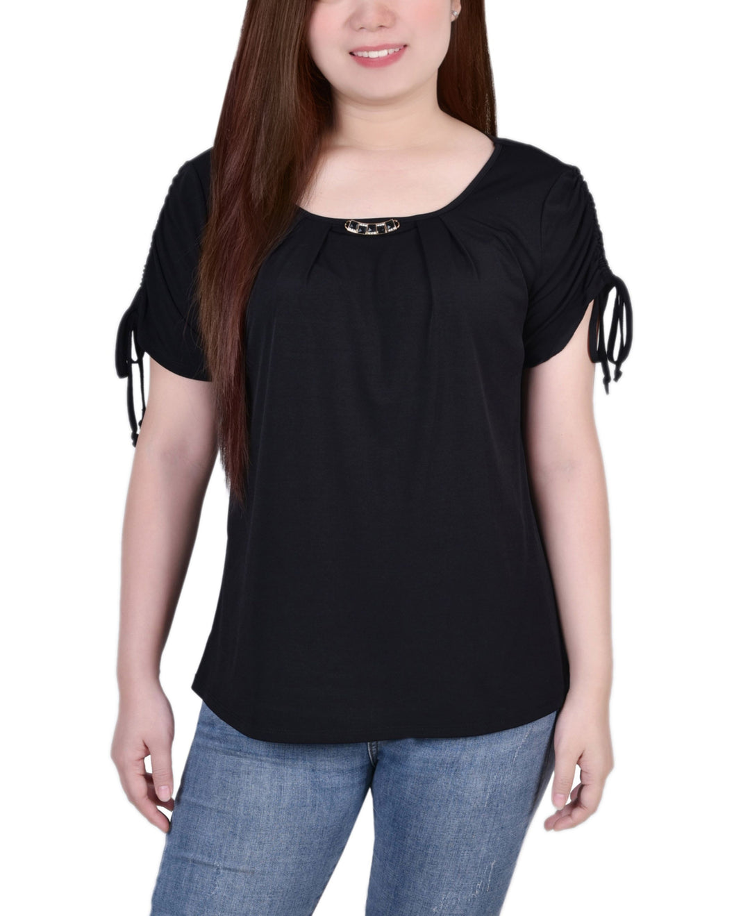Petite Size Short Ruched Sleeve Top with Pleats