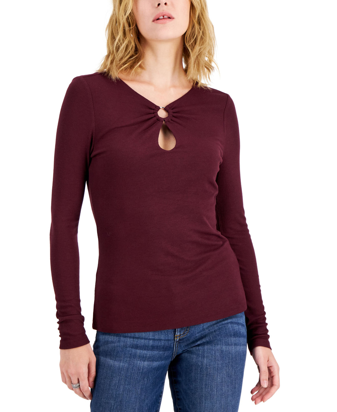 INC International Concepts Womens Ribbed Ring Keyhole Top