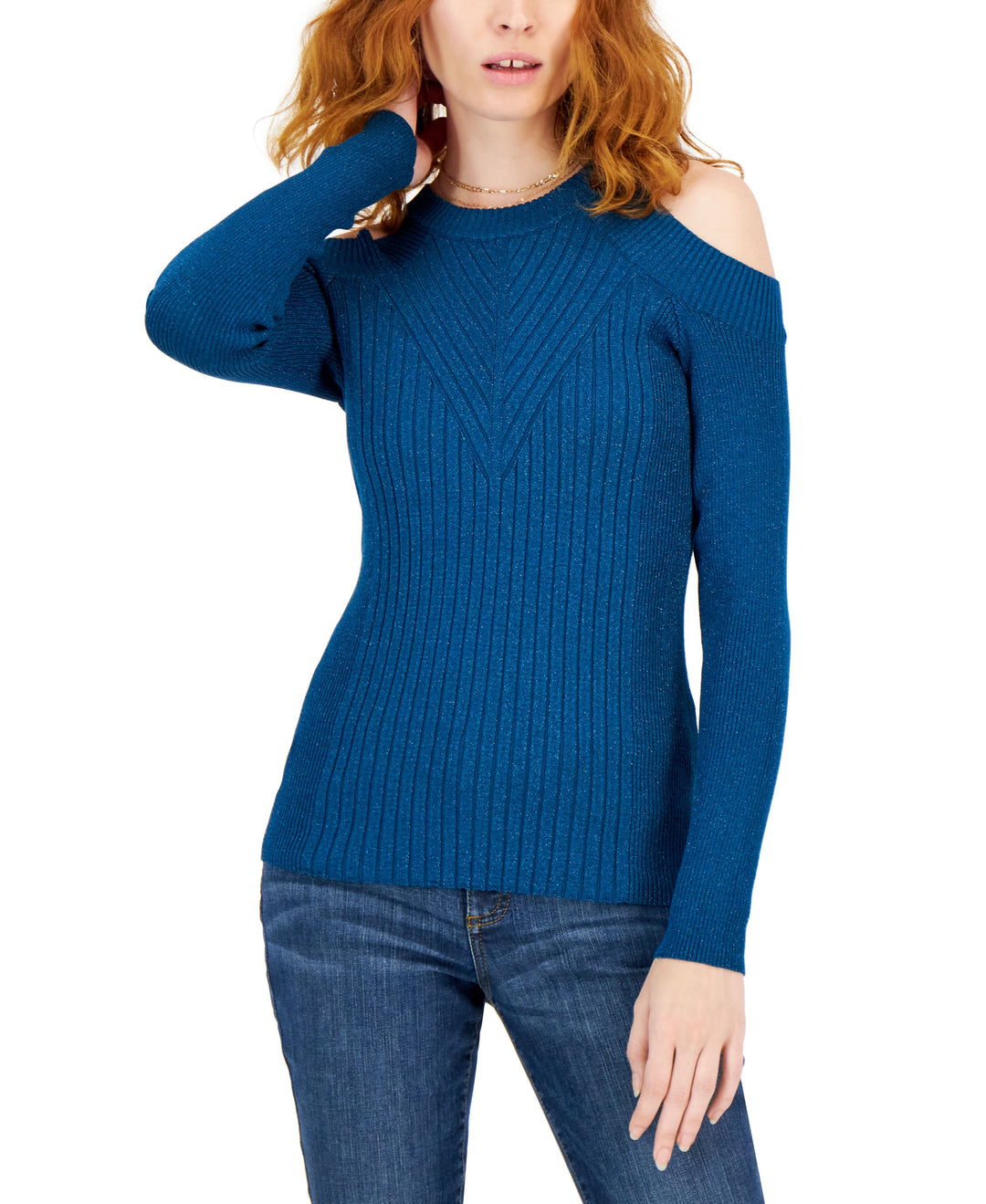 INC International Concepts Petite Cold Shoulder Metallic Knit Sweater
