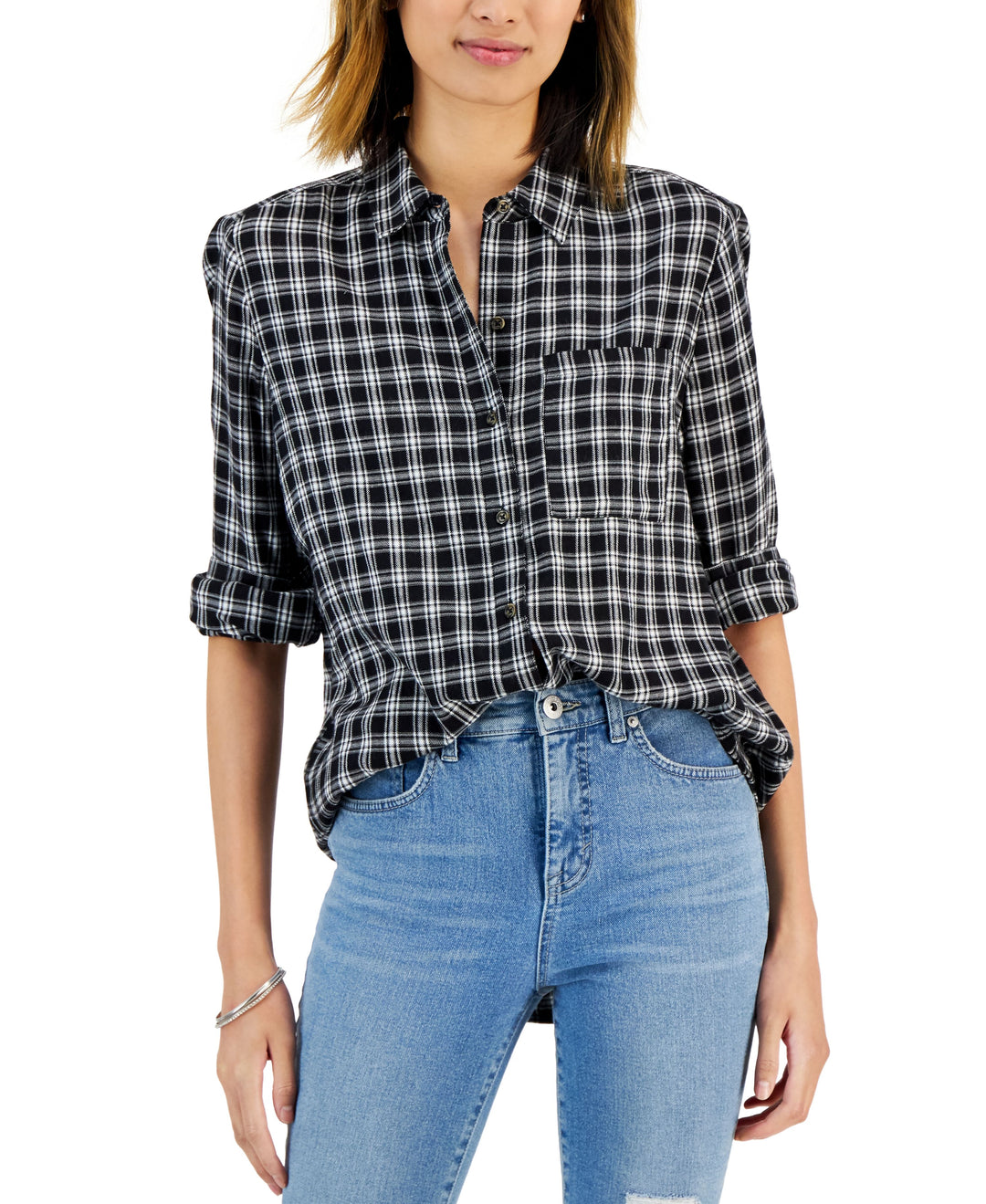 Style & Co Womens Cotton Plaid Button Front Shirt