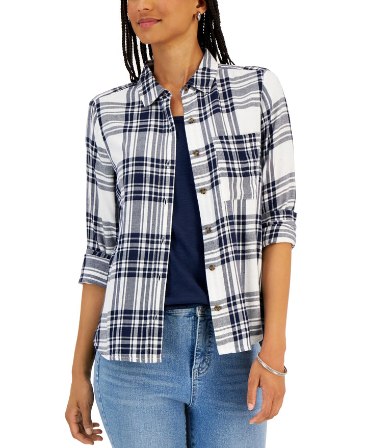 Style & Co Womens Cotton Plaid Button Front Shirt