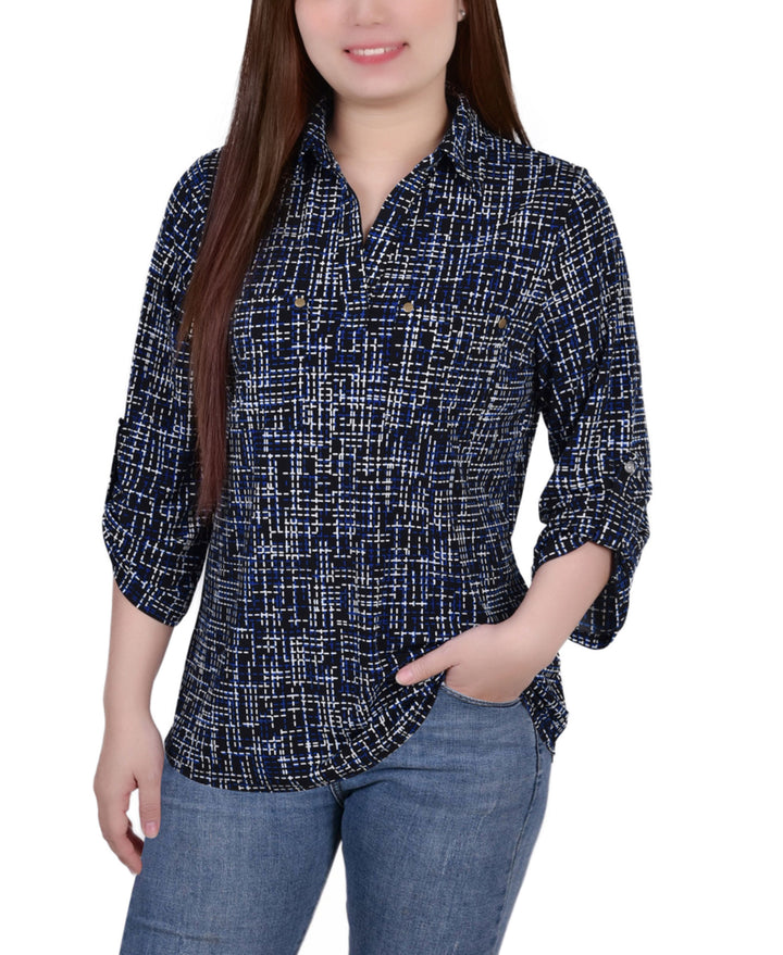 Women's 3/4 Ruched Sleeve Studded Y-neck Top