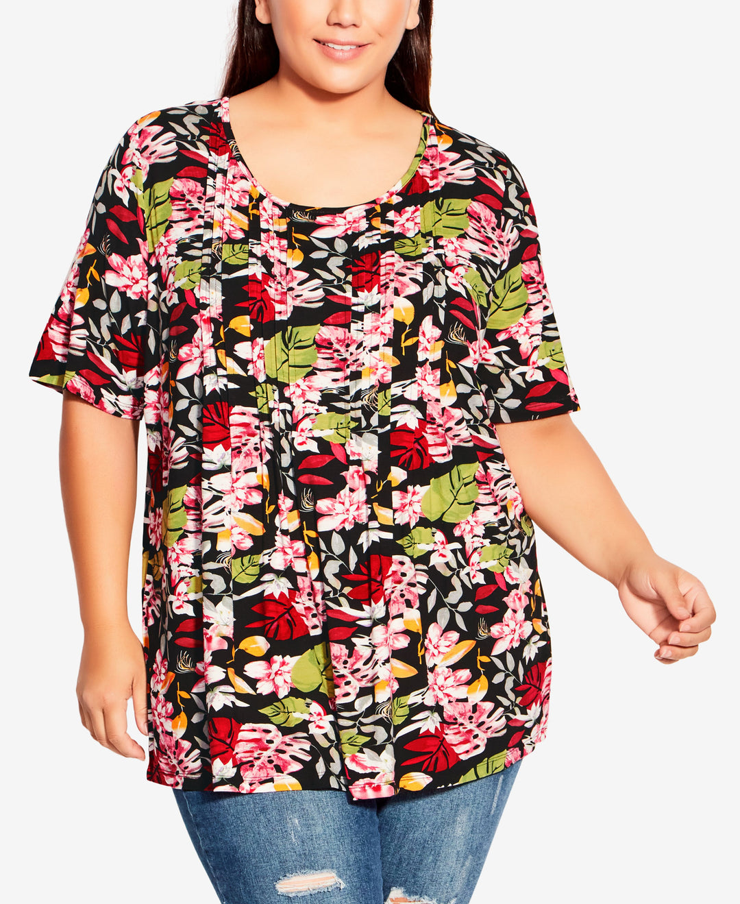 Plus Size Knit Pleated Print Top