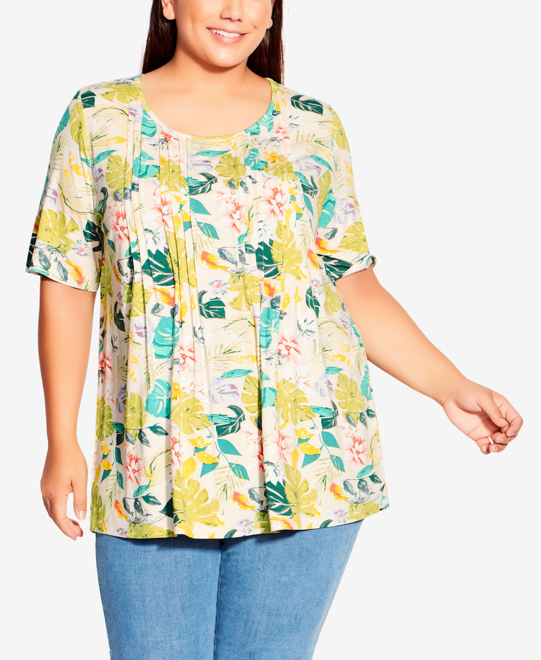 Plus Size Knit Pleated Print Top