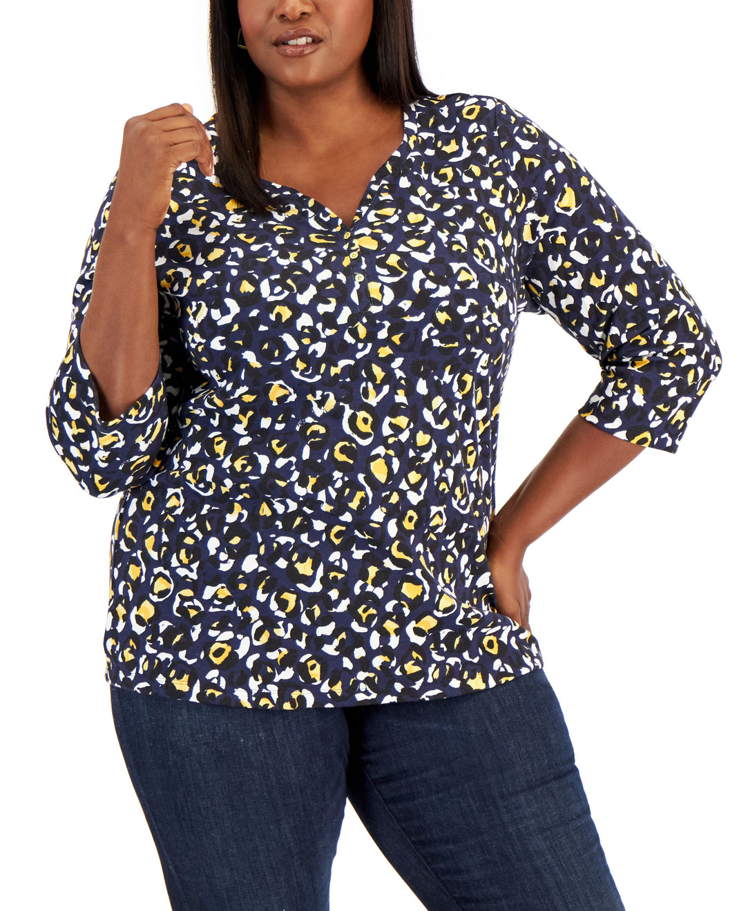 Karen Scott Plus Size Leopard Print Henley Top