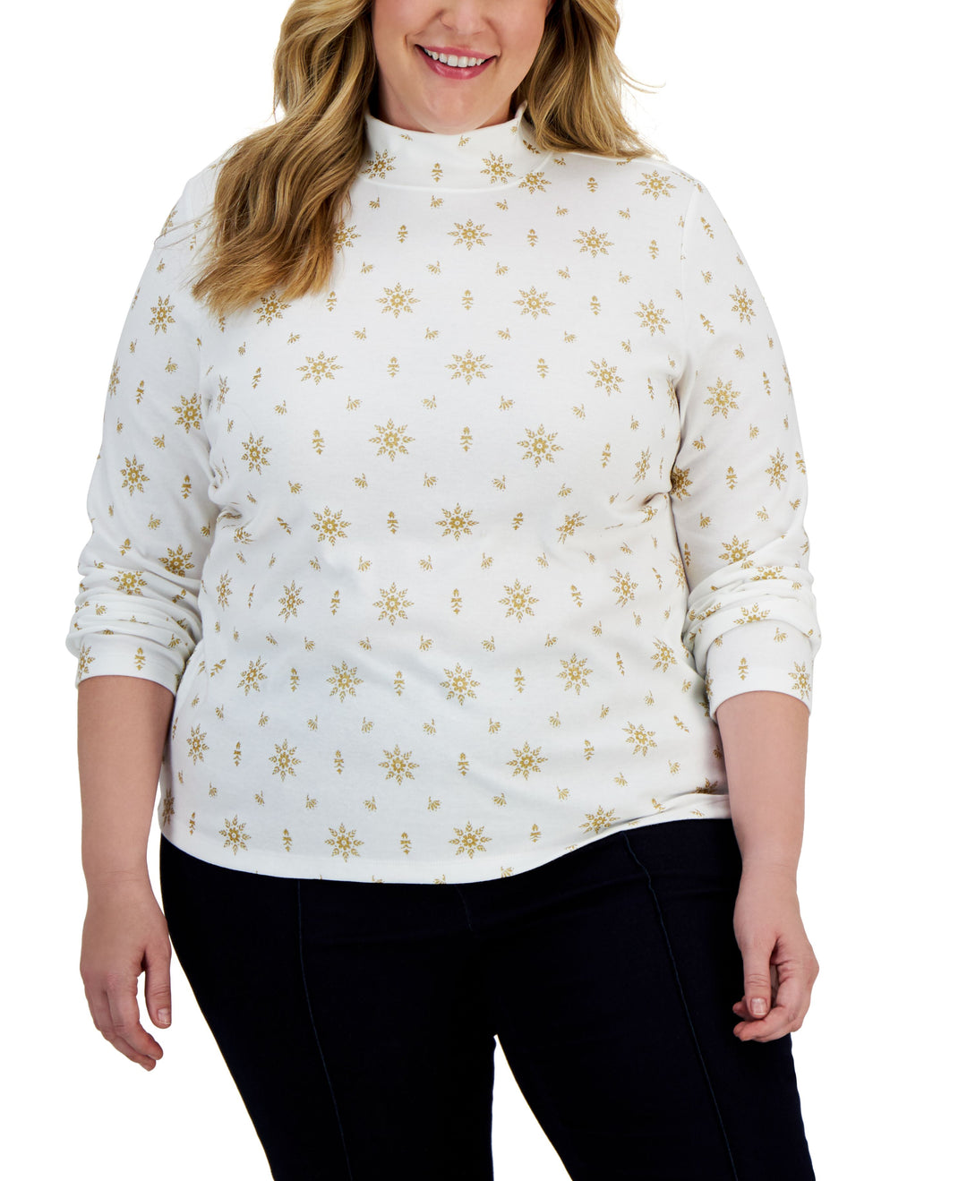 Plus Size Holiday Printed Mock-Neck Top