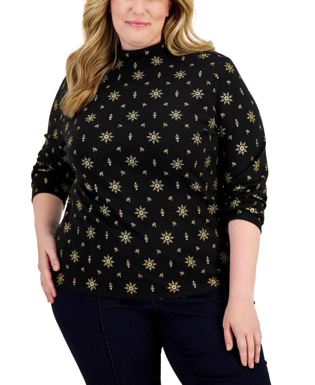 Plus Size Holiday Printed Mock-Neck Top
