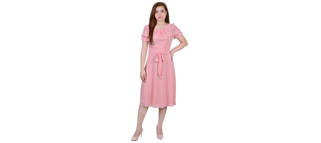 Petite Short Sleeve Belted Swiss Dot Dress