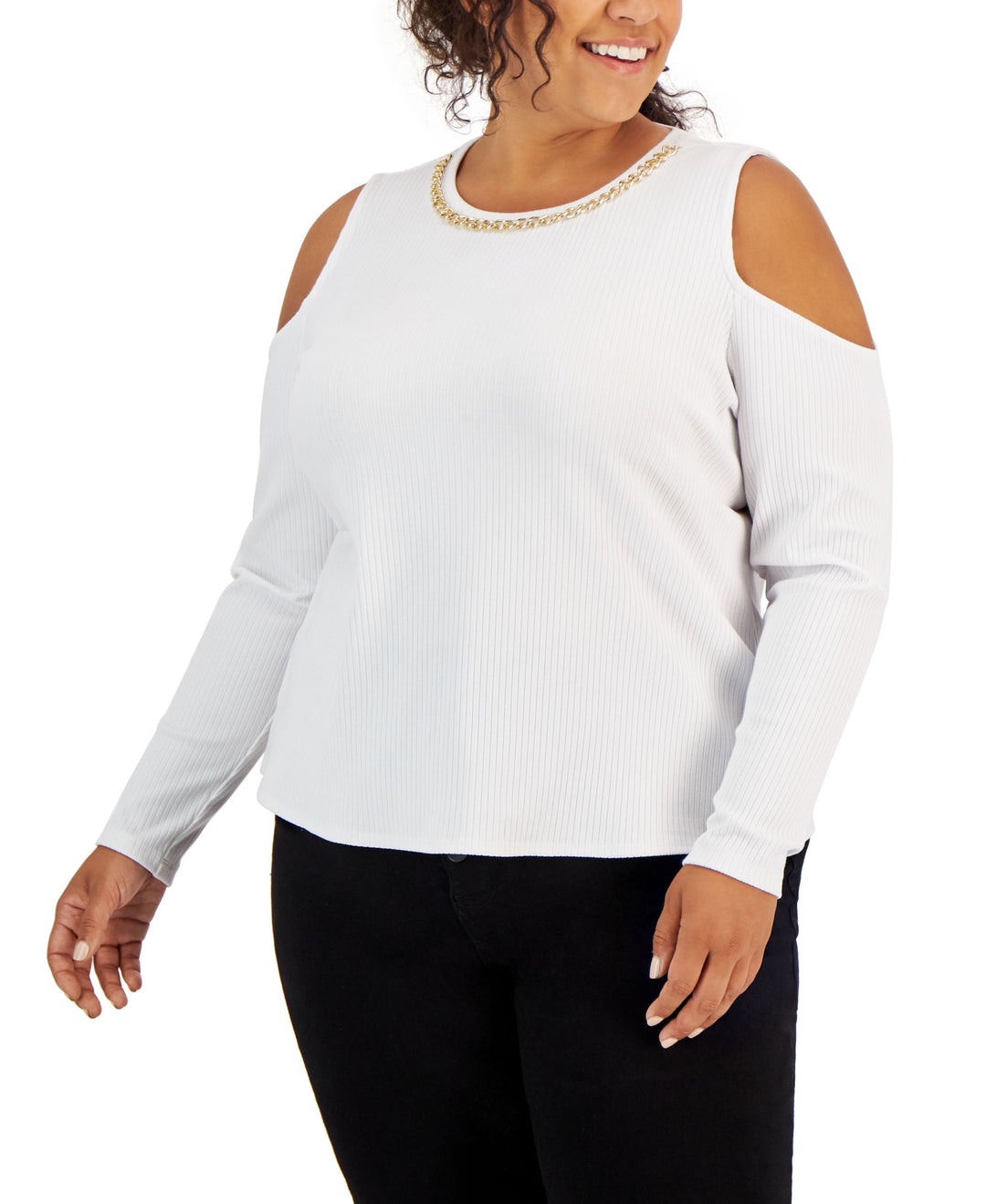 INC International Concepts Plus Size Ribbed Chain Trim Cold Shoulder Top