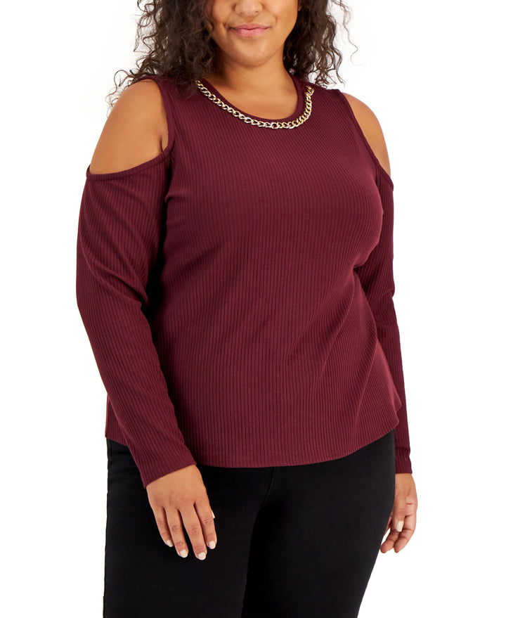 INC International Concepts Plus Size Ribbed Chain Trim Cold Shoulder Top