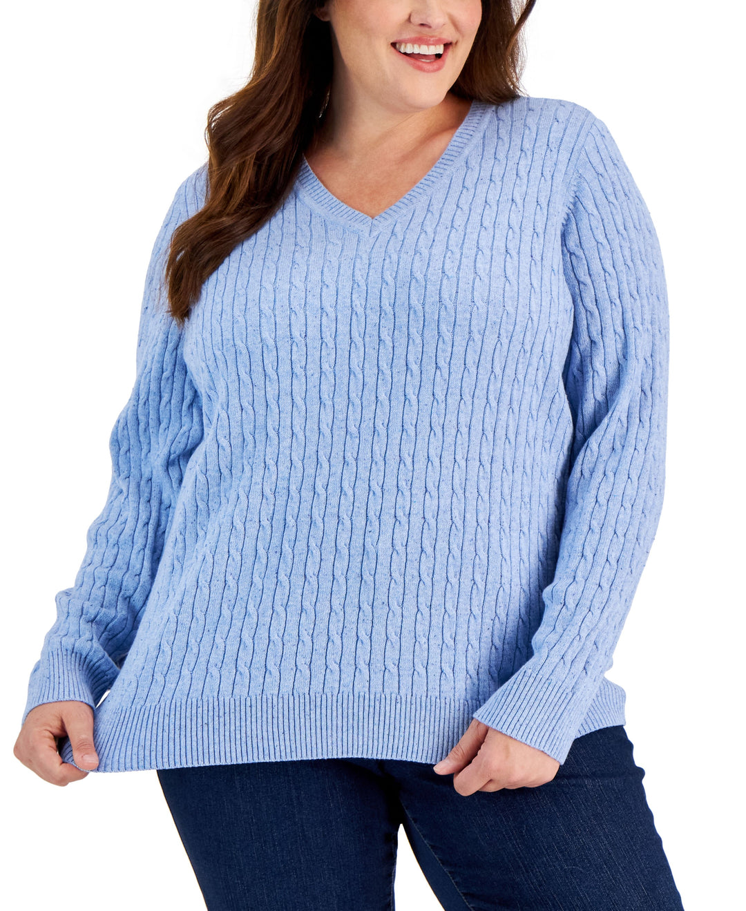 Karen Scott Plus Size Cable Knit V Neck Nep Sweater