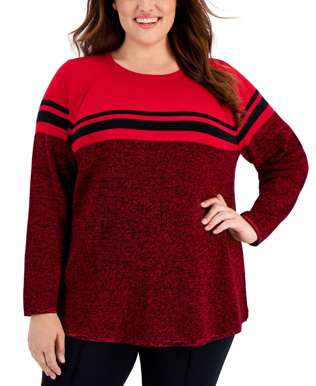 Plus Size Curved Hem Striped-Yoke Sweater