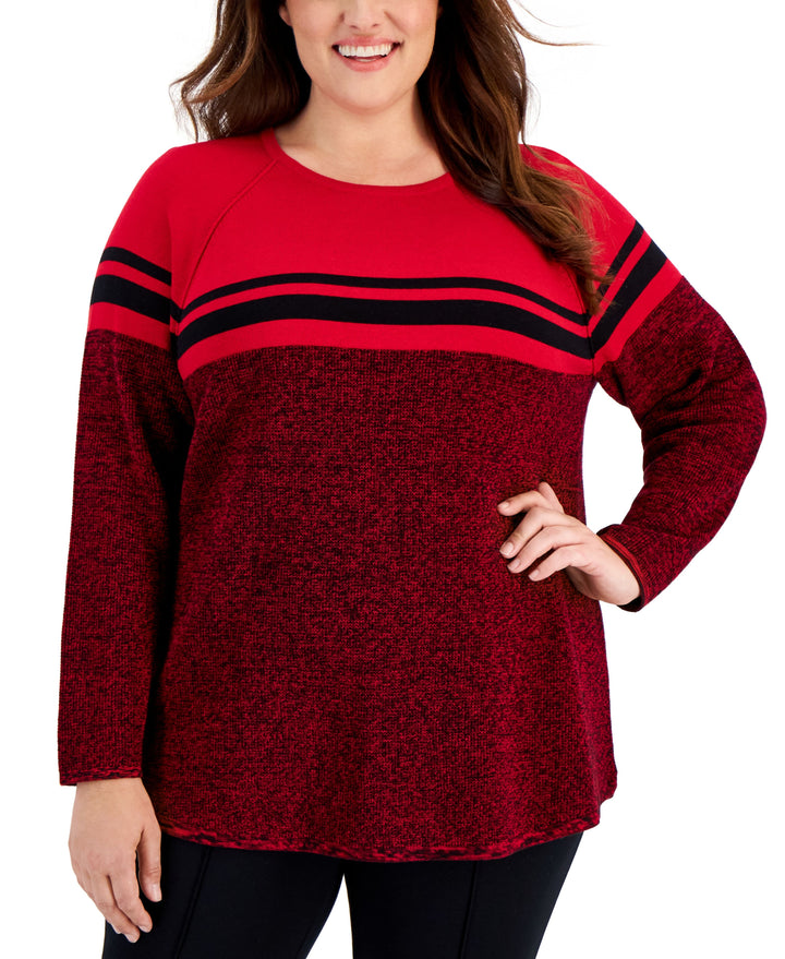 Plus Size Curved Hem Striped-Yoke Sweater