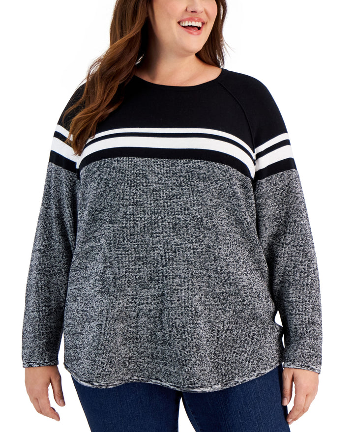 Plus Size Curved Hem Striped-Yoke Sweater