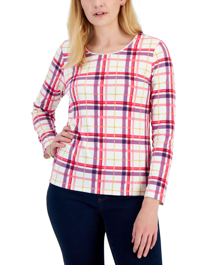 Karen Scott Womens Plaid Top
