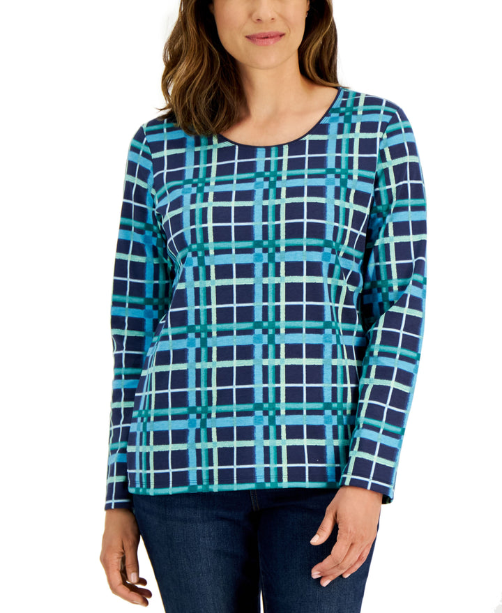 Karen Scott Womens Plaid Top