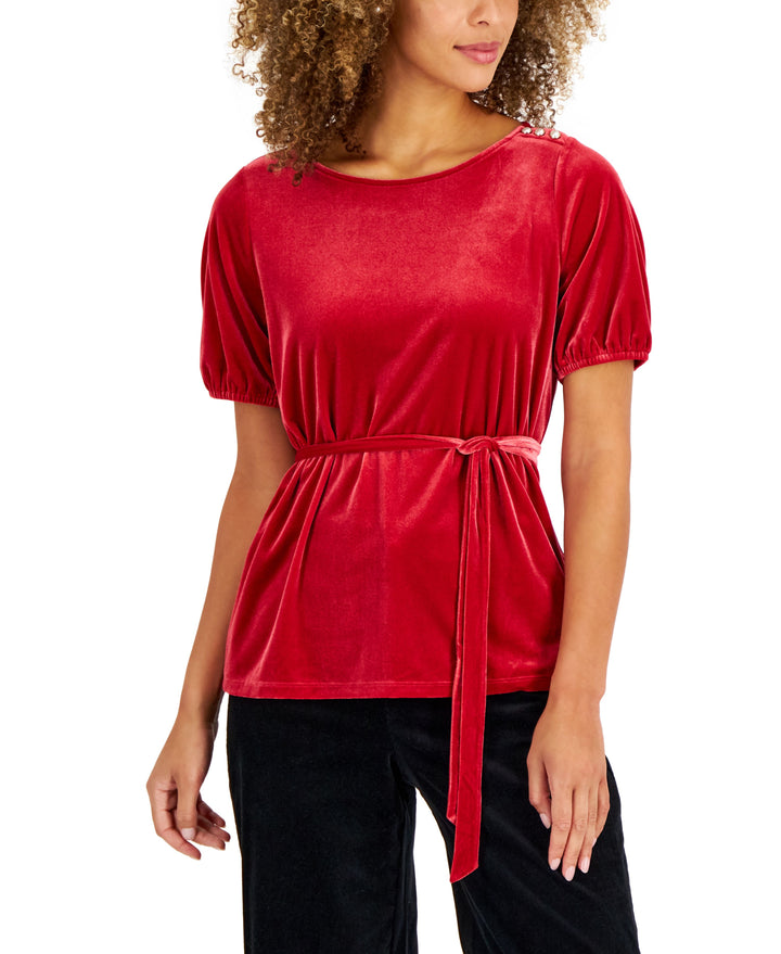 Charter Club Womens Velvet Tie Waist Top