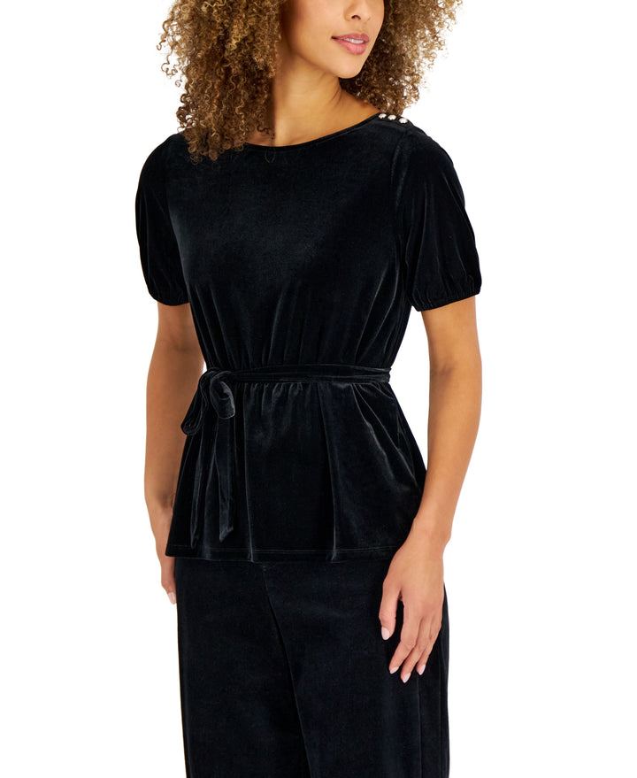 Charter Club Womens Velvet Tie Waist Top