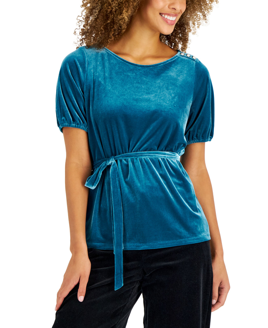 Charter Club Womens Velvet Tie Waist Top