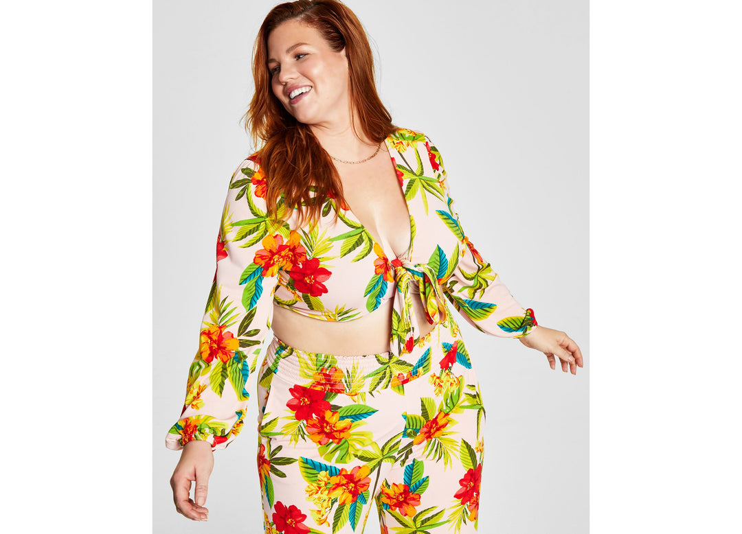Bar III Trendy Plus Size Tropical Print Tie Front Top