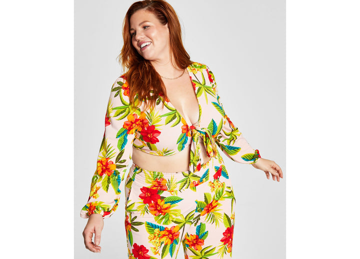 Bar III Trendy Plus Size Tropical Print Tie Front Top